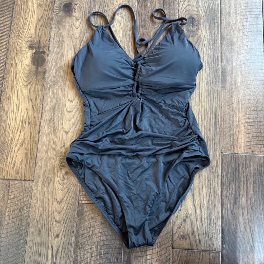 La Blanca Womens Black Ruched Keyhole One Piece Swimsuit Size 14 Crisscross Back